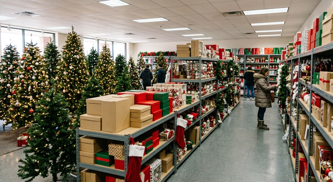 the interior of a temporary holiday retail store located in a suburban strip mall, featuring aisles of artificial pine trees, assorted seasonal decorations, and