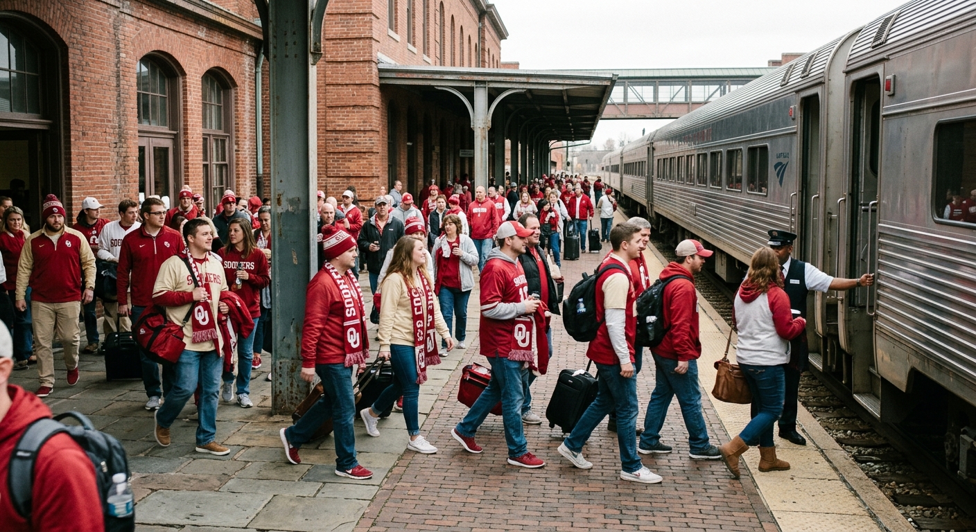 eager football fans wearing crimson and cream clothing walking along a platform and boarding a silver passenger train at a historic brick train station, candid