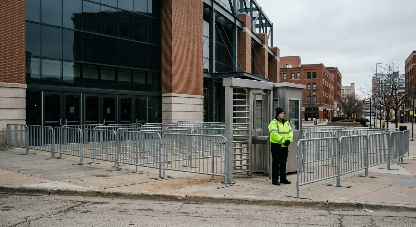 metal security barricades set up outside the closed glass entrance doors of a large downtown music arena in a midwestern American city, with a single security g