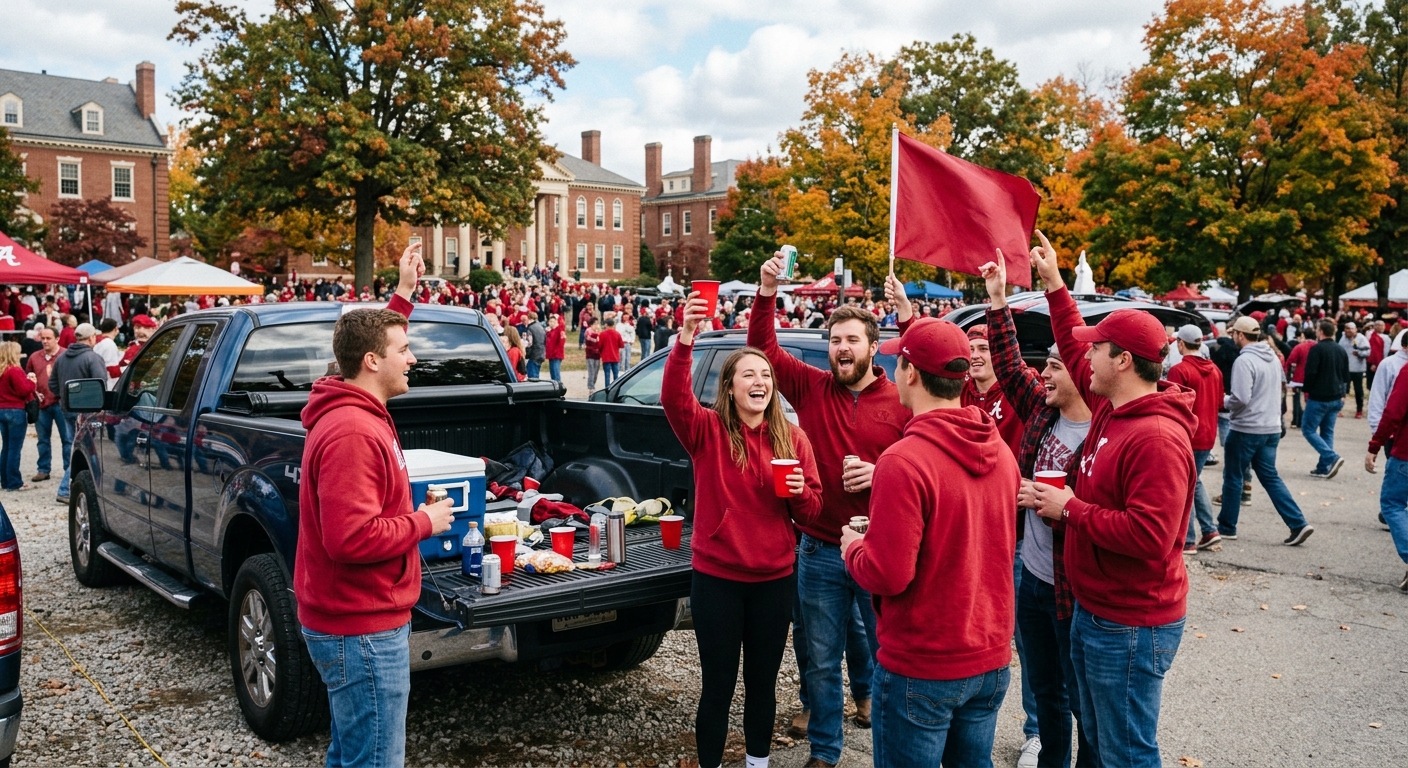 a group of enthusiastic college football fans wearing crimson apparel gathered around a pickup truck tailgate in a bustling Midwest college town on an autumn af