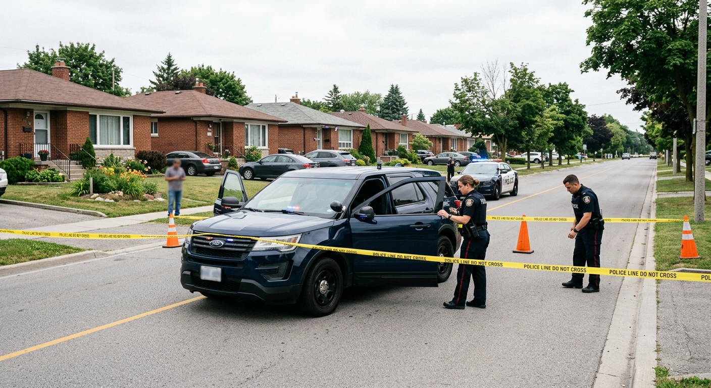 an active law enforcement scene on a wide suburban street, featuring an unmarked dark SUV parked at an angle with doors open and yellow barrier tape cordoning o