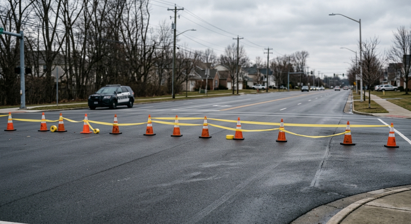 a suburban American intersection temporarily blocked off by orange traffic cones and blank yellow barrier tape, with an out-of-focus police cruiser parked in th