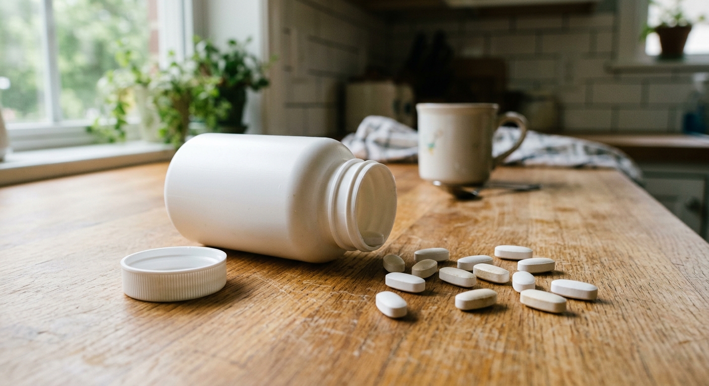 a blank white plastic medicine bottle tipped over on a wooden kitchen counter in an American suburban home, with several plain white and slightly discolored ova