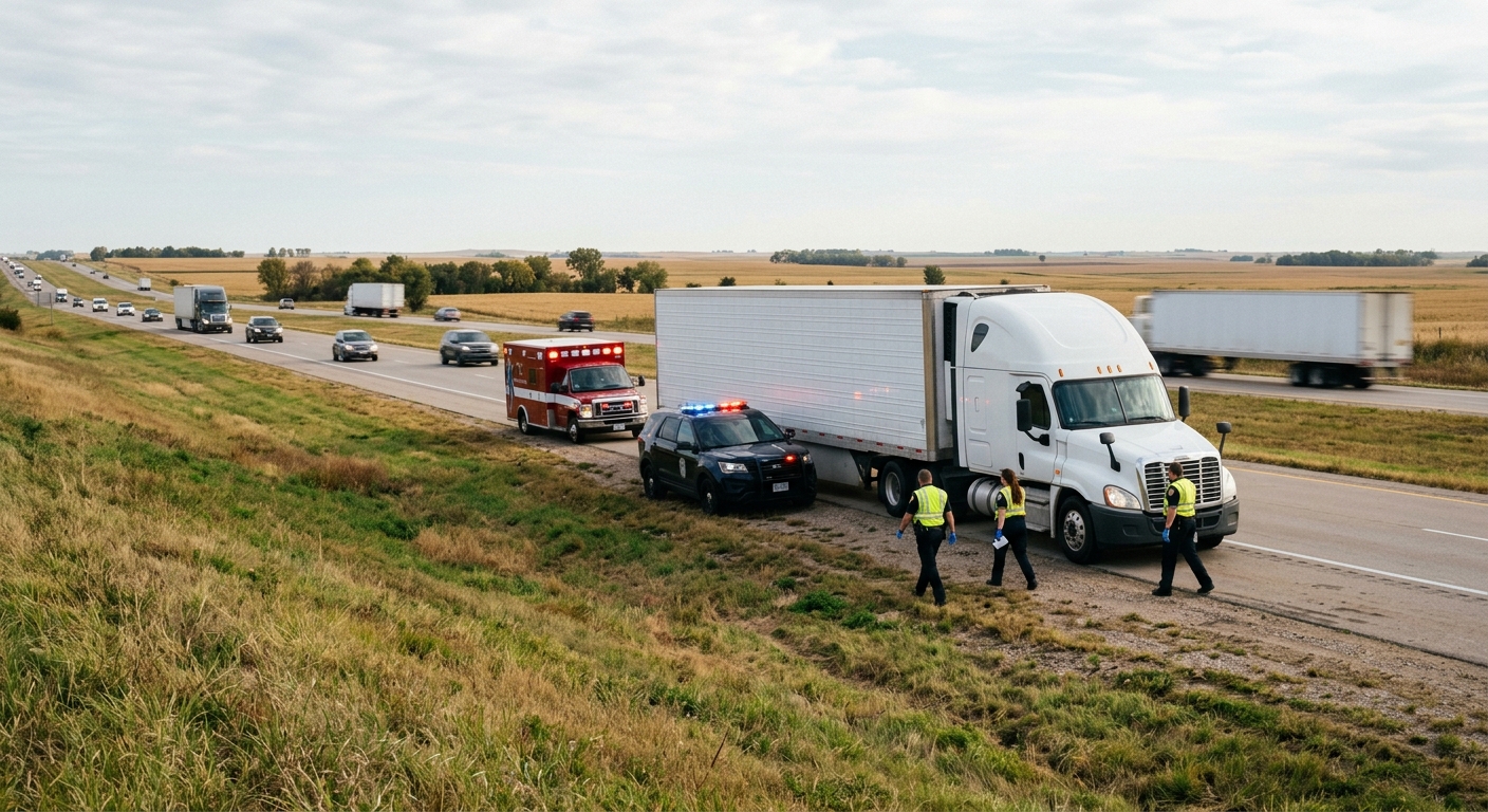 a large semi-truck pulled onto the grassy shoulder of a flat midwestern highway, flanked by emergency responder vehicles, with blurred traffic moving slowly in