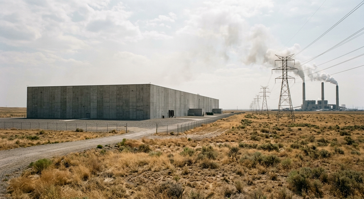 a massive, windowless data center building surrounded by dry prairie grass, with large electrical transmission towers leading toward a distant power plant emitt