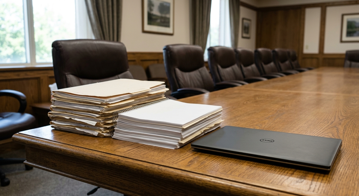 a stack of manila folders and bound paperwork resting on a large wooden conference table next to a closed laptop, with empty leather office chairs in the backgr