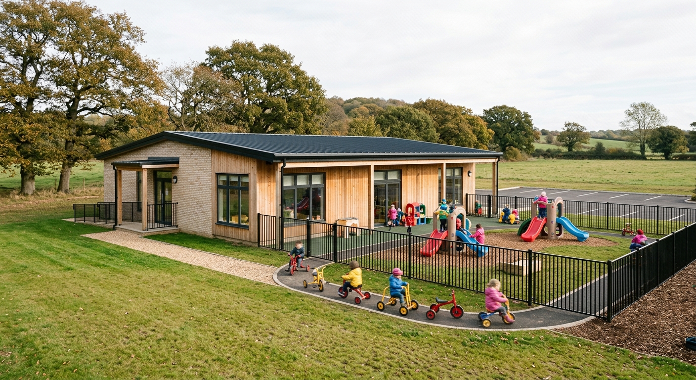 a newly constructed single-story childcare building with a fenced playground, small tricycles, and plastic slides on a flat grassy landscape with scattered oak