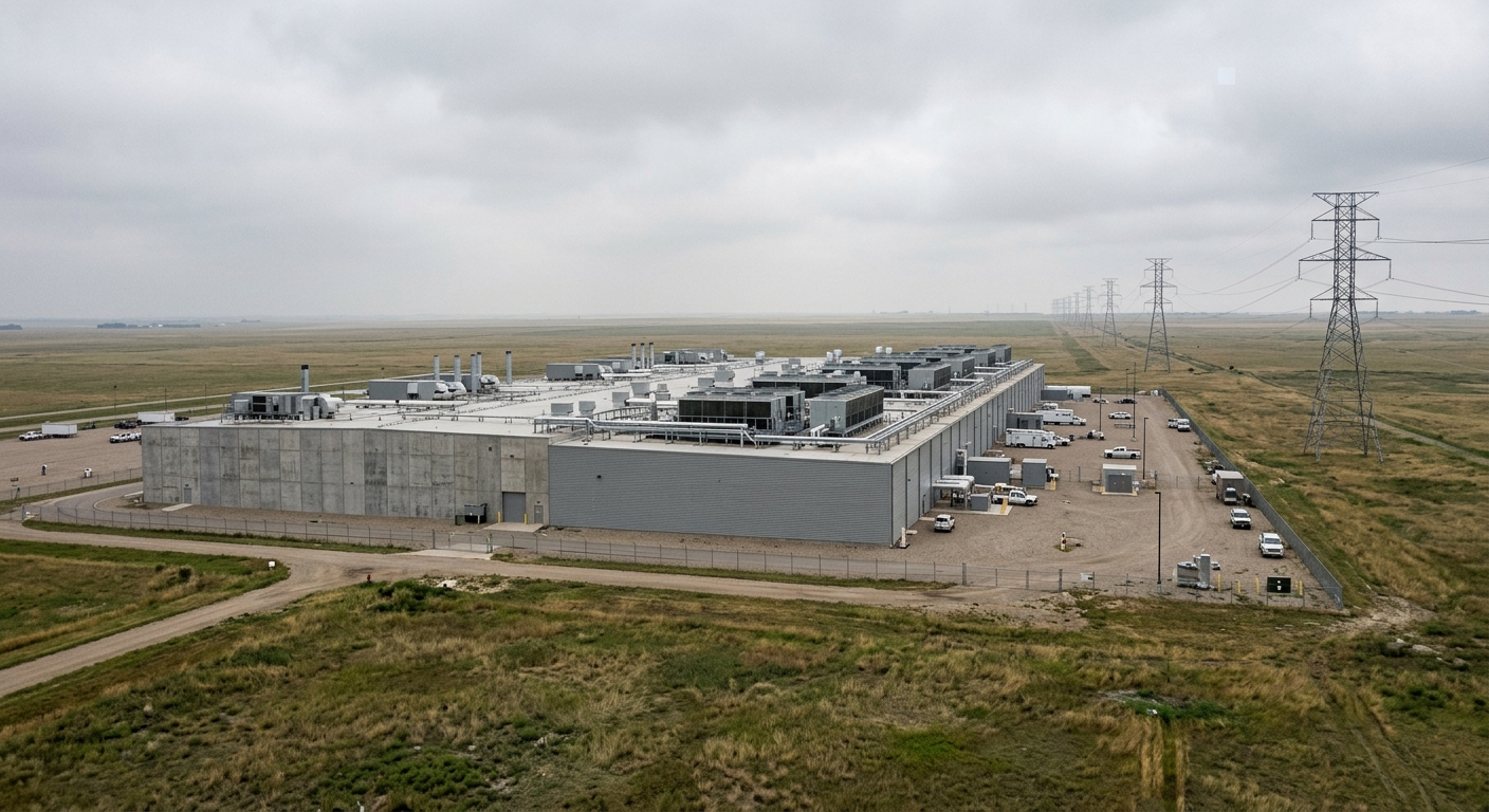 a large windowless industrial data center building with massive cooling units on the roof, situated on a flat grassy prairie with high-voltage power lines stret