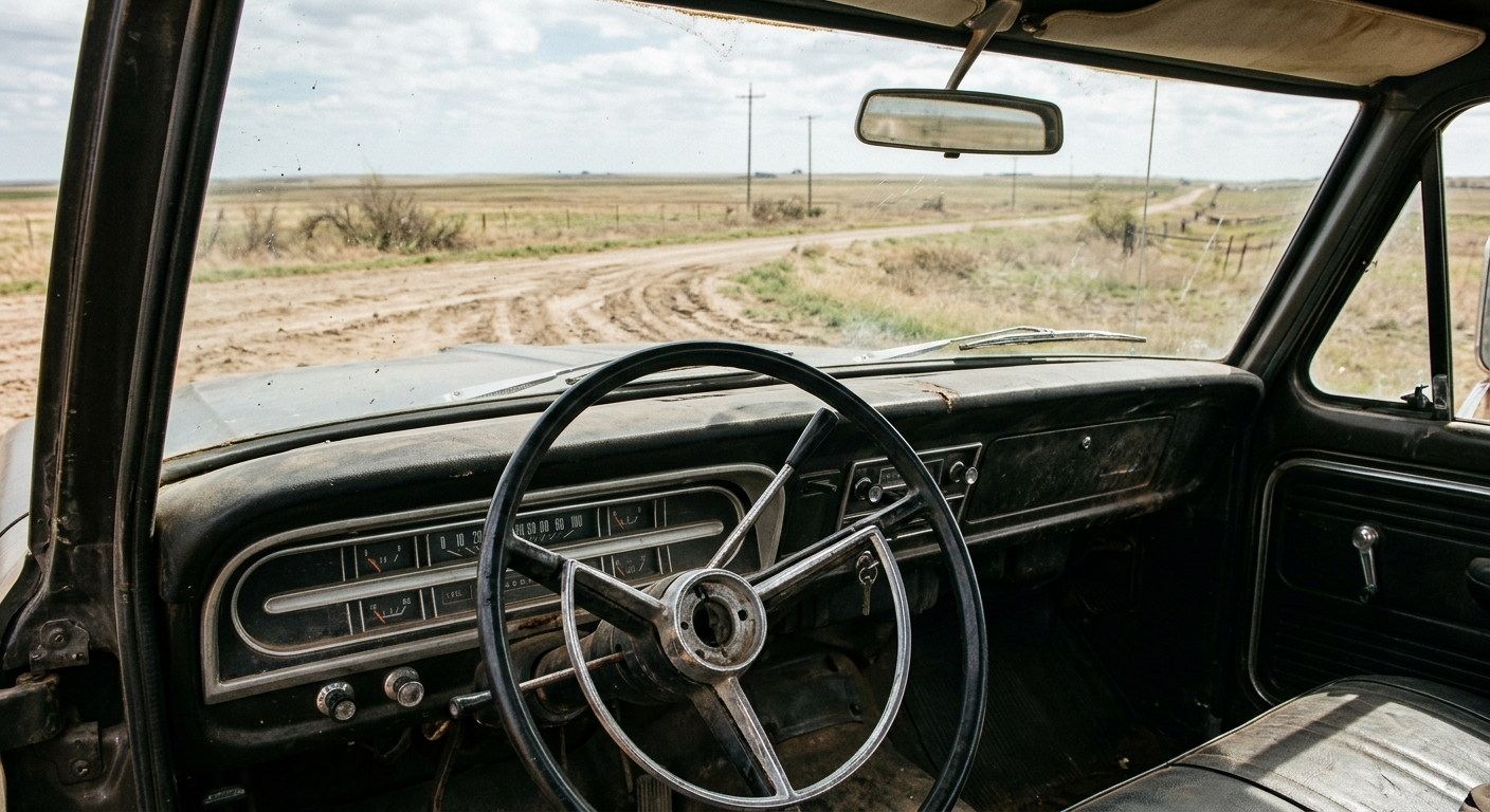the steering wheel and dashboard of an older parked pickup truck with an empty ignition, looking out through the windshield at a dusty rural dirt road in a flat