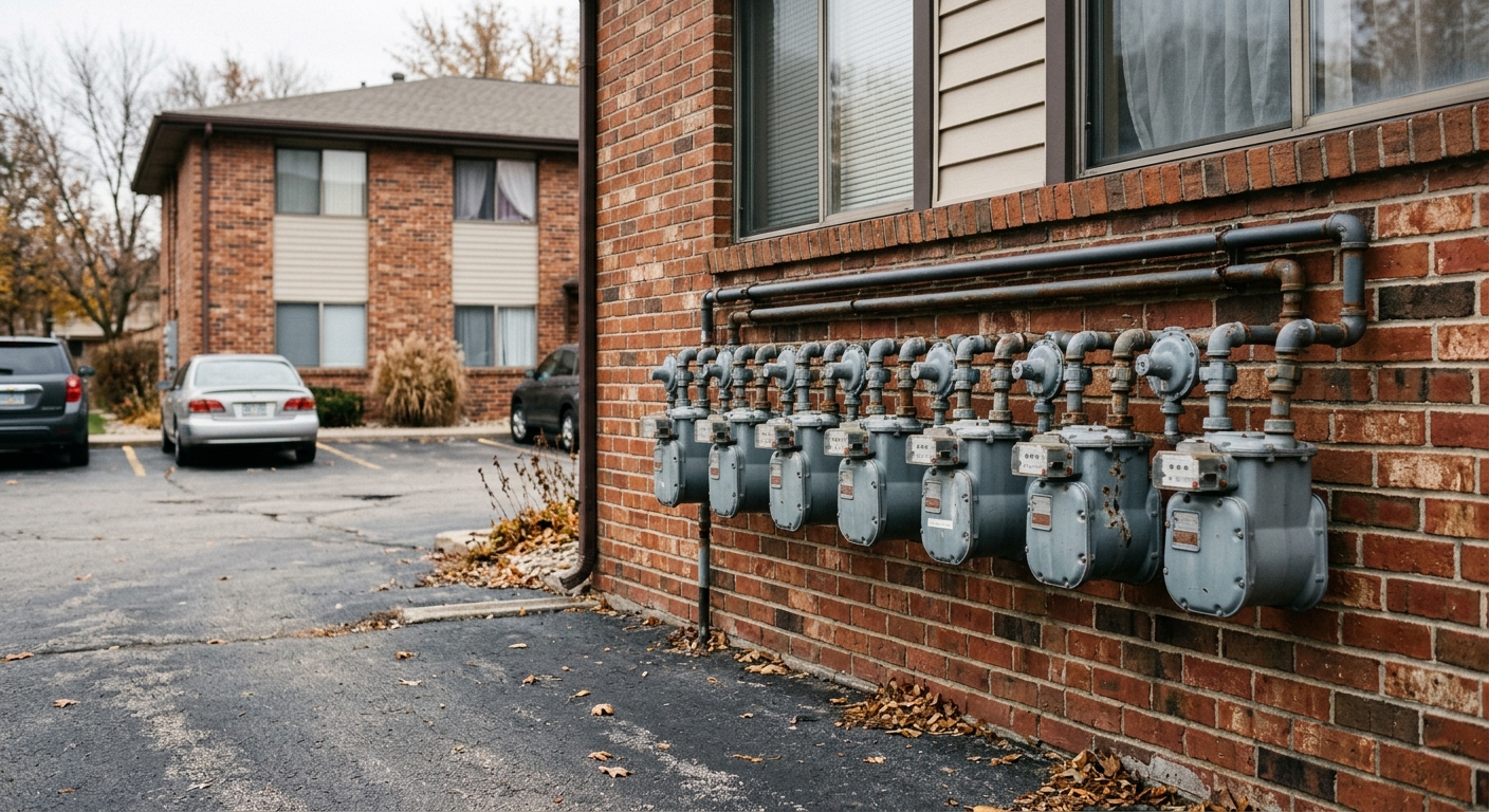 a row of grey utility gas meters attached to the exterior red brick wall of a modest Midwestern apartment complex, next to an asphalt parking lot, natural every