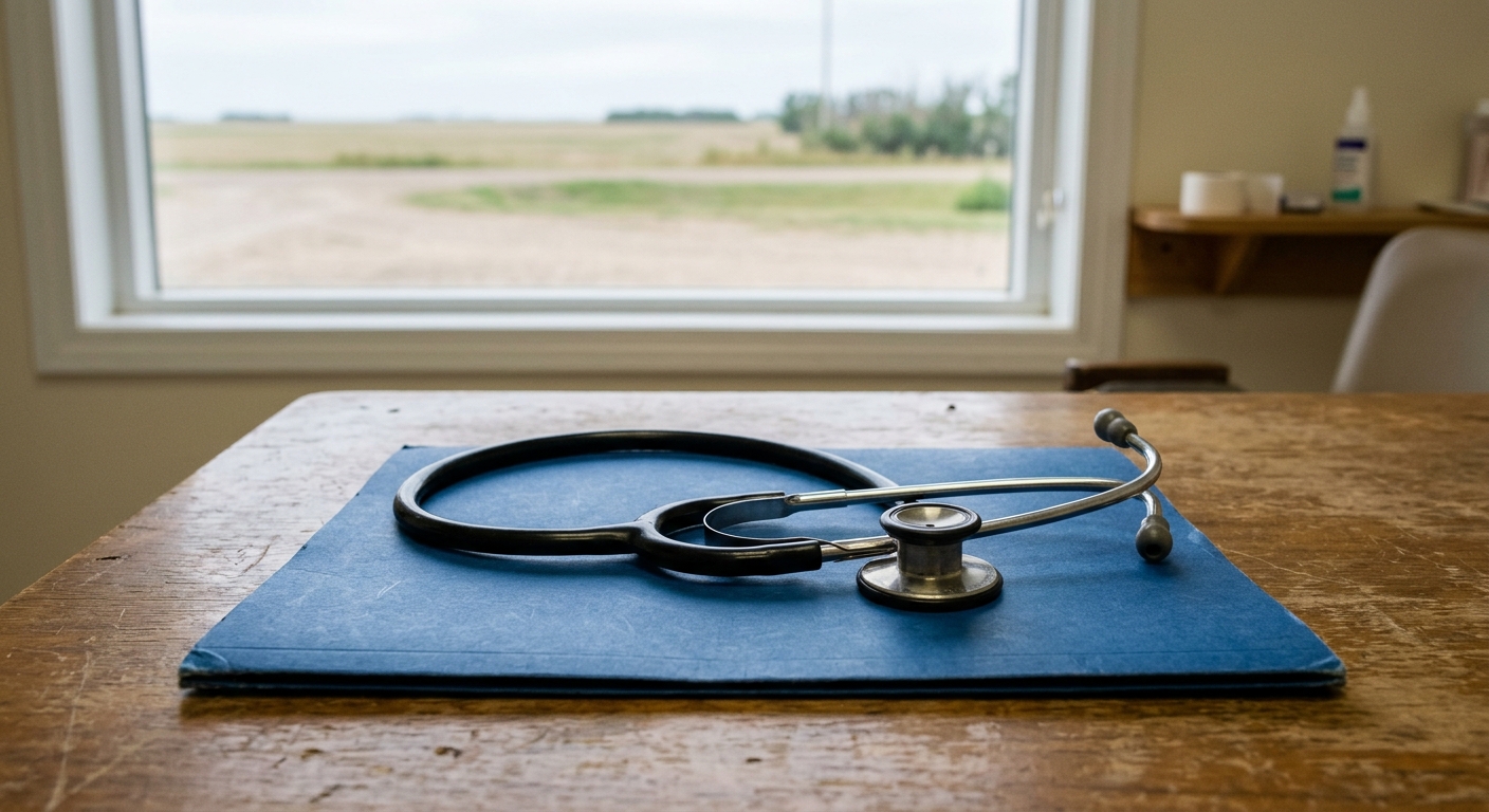 a stethoscope resting on a plain blue folder on a wooden desk inside a modest rural health clinic, with a blurred window in the background showing a flat prairi