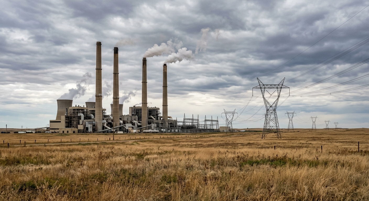 an industrial power station with tall smokestacks and power lines situated on a flat prairie landscape with dry grass in the foreground under a cloudy sky, natu