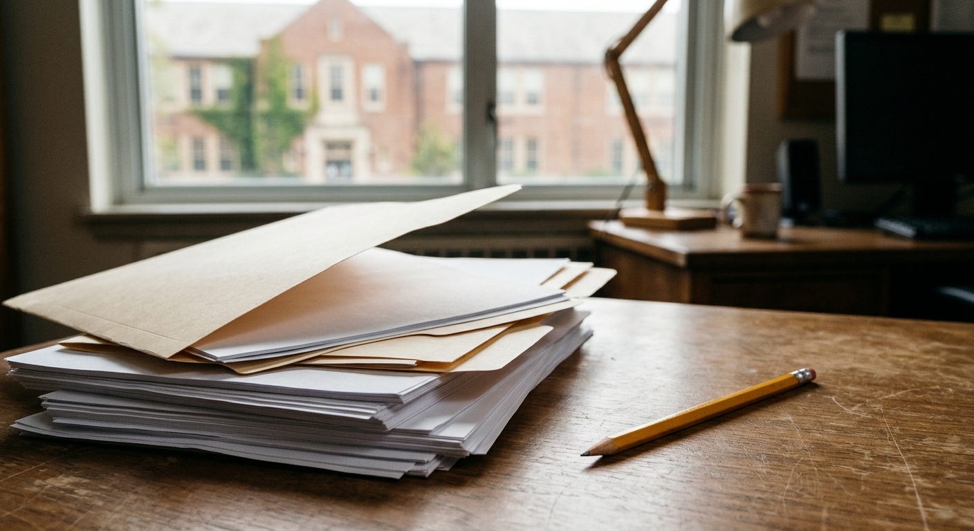a stack of plain paperwork and open manila folders next to a yellow wooden pencil on an office desk, an out-of-focus traditional brick school building visible t