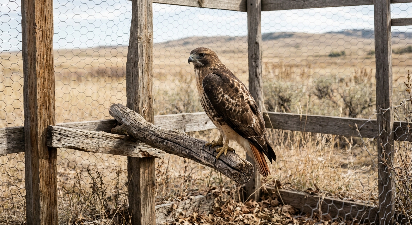 a recovering red-tailed hawk resting on a wooden perch inside a practical outdoor wildlife rehabilitation enclosure made of raw wood and wire mesh, with dry pra