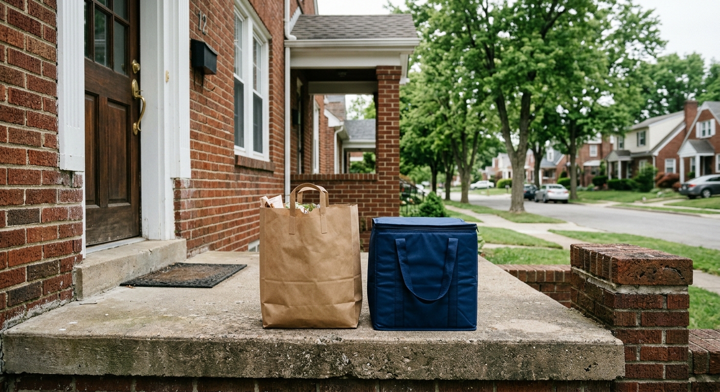 a brown paper grocery bag next to a generic insulated food delivery tote sitting on the concrete front porch of a traditional brick suburban home, a flat reside