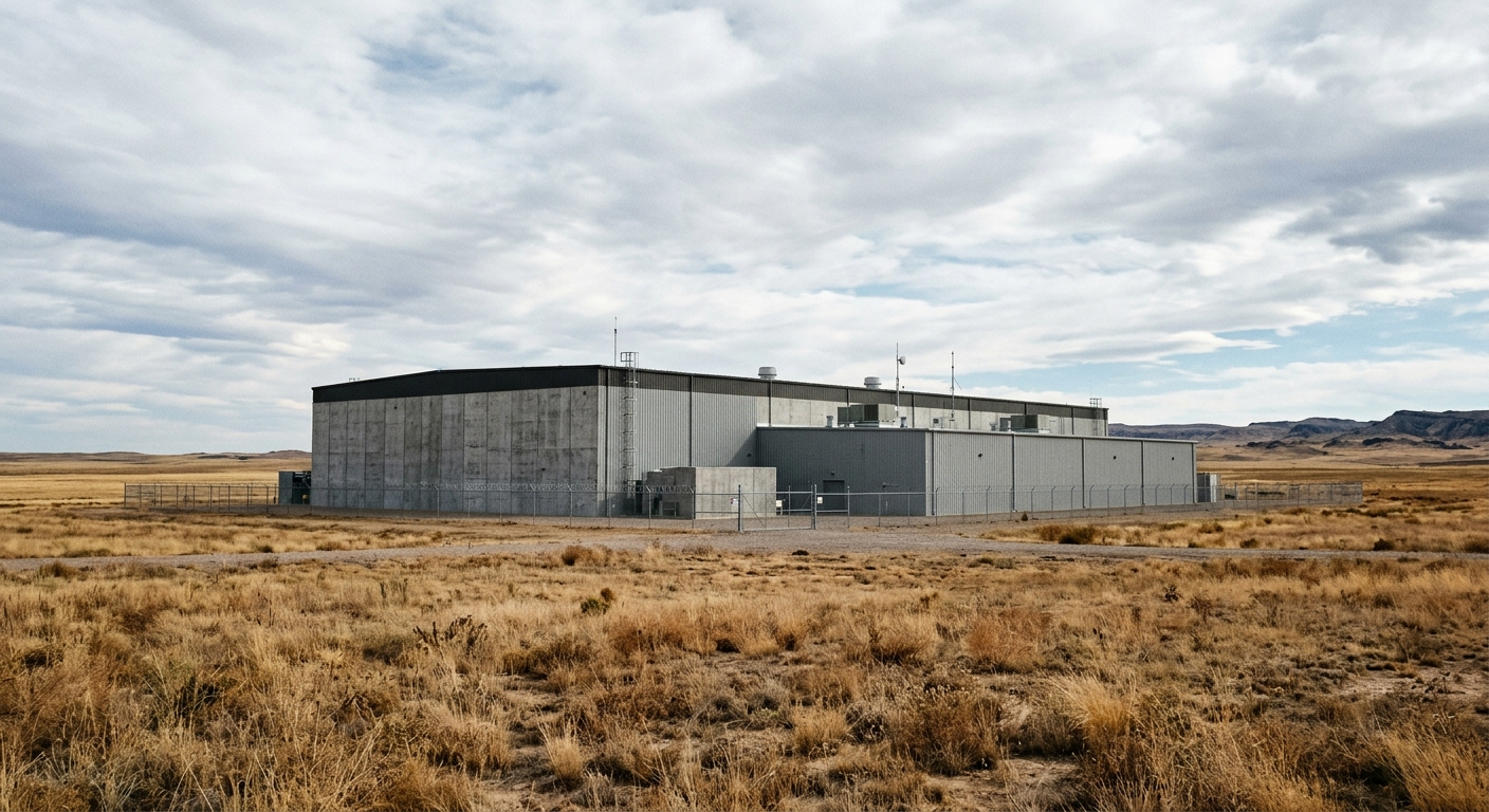a large, windowless industrial data center facility surrounded by flat, dry grassy plains under a wide sky, natural everyday lighting, shot on a DSLR camera, sl