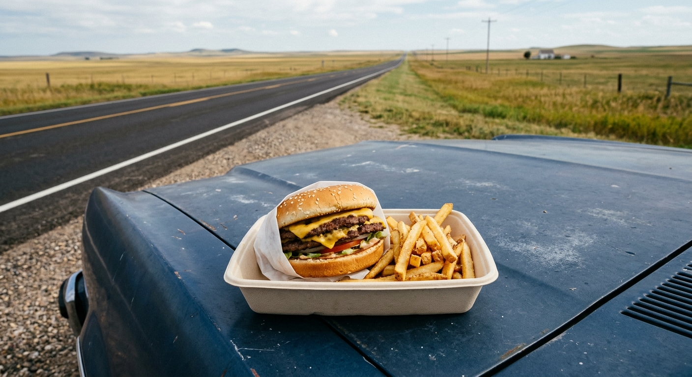 a classic double cheeseburger and french fries served in a plain paper tray resting on the hood of a car, with a long rural highway and flat prairie landscape s