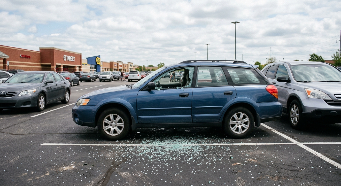 a shattered side window on a parked vehicle in a sprawling suburban retail parking lot, with fragments of broken safety glass scattered across the asphalt benea