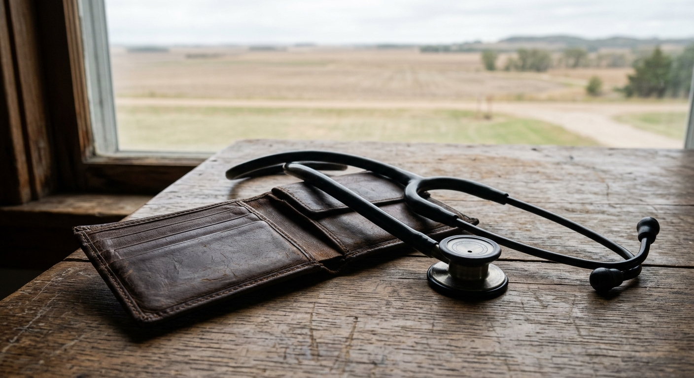 a black medical stethoscope resting across an open, empty brown leather wallet on a weathered wooden table, with a blurred view of a flat midwestern prairie lan